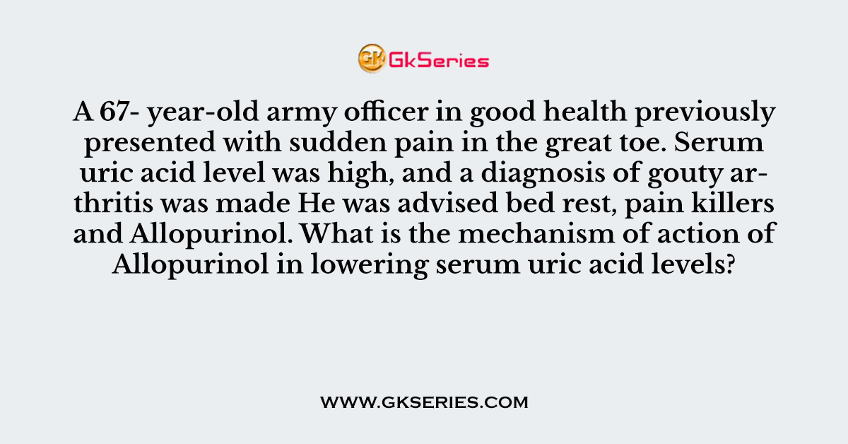 Q. A 67- year-old army officer in good health previously presented with sudden pain in the great toe. Serum uric acid level was high, and a diagnosis of gouty arthritis was made He was advised bed rest, pain killers and Allopurinol. What is the mechanism of action of Allopurinol in lowering serum uric acid levels?