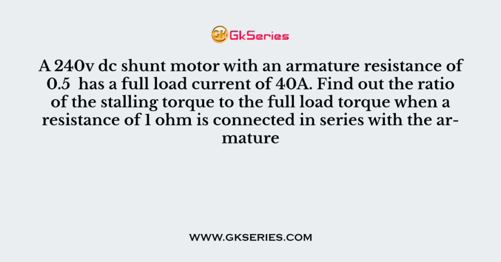 A 240 V, dc shunt motor draws 15 A while supplying the rated load at a speed of 80 rad/s