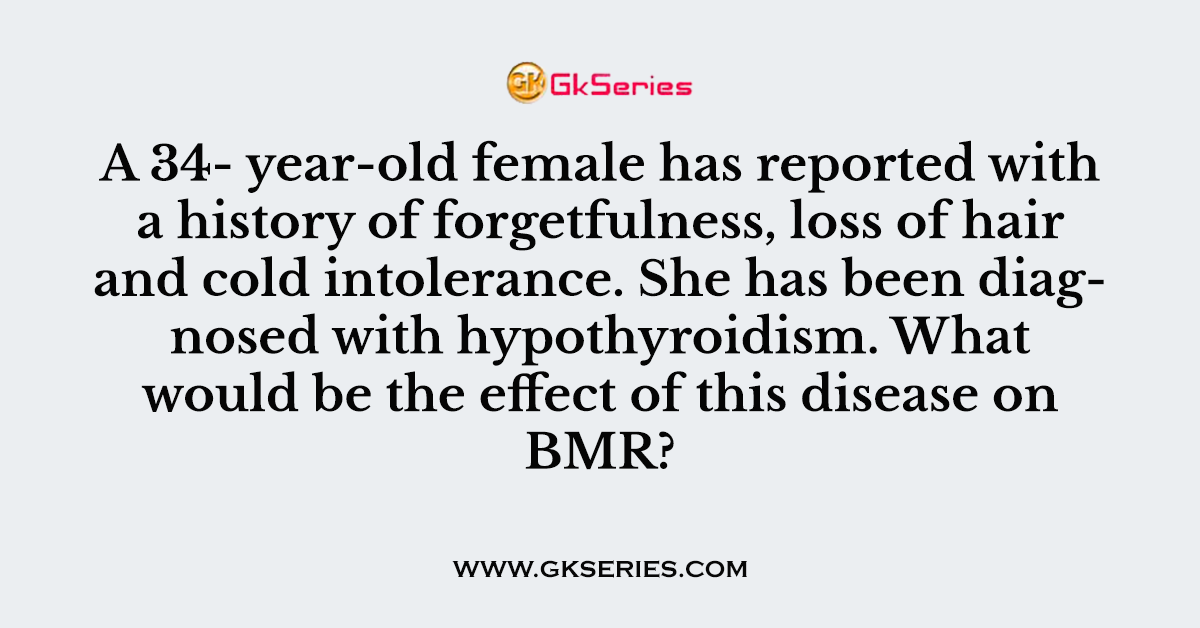 A 34- year-old female has reported with a history of forgetfulness, loss of hair