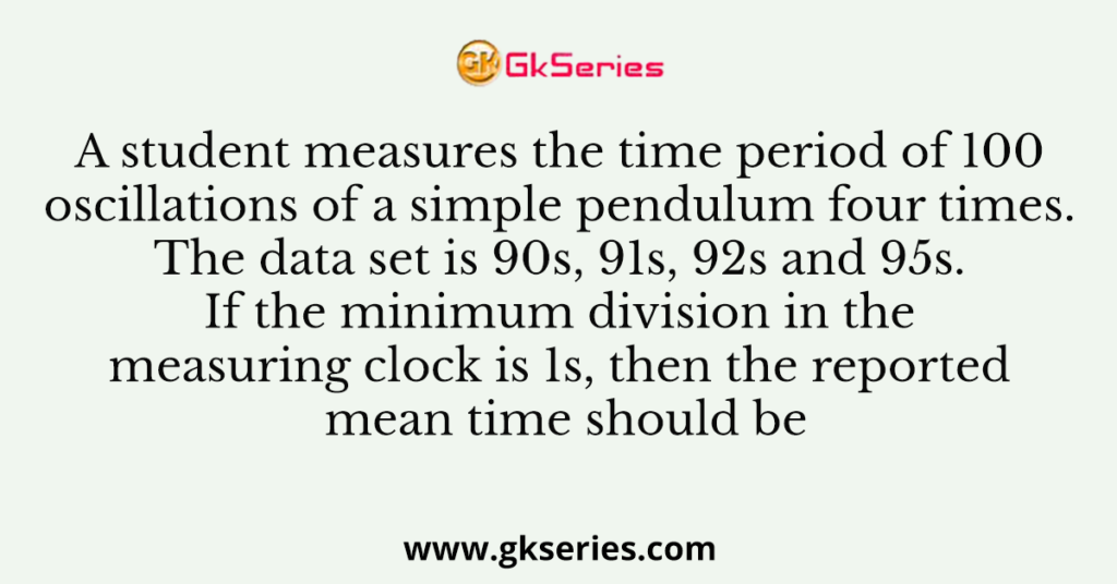 A student measures the time period of 100 oscillations of a simple pendulum four times. The data set is 90s, 91s, 92s and 95s. If the minimum division in the measuring clock is 1s, then the reported mean time should be