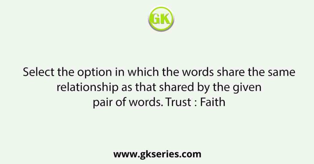 Select the option in which the words share the same relationship as that shared by the given pair of words. Trust ∶ Faith