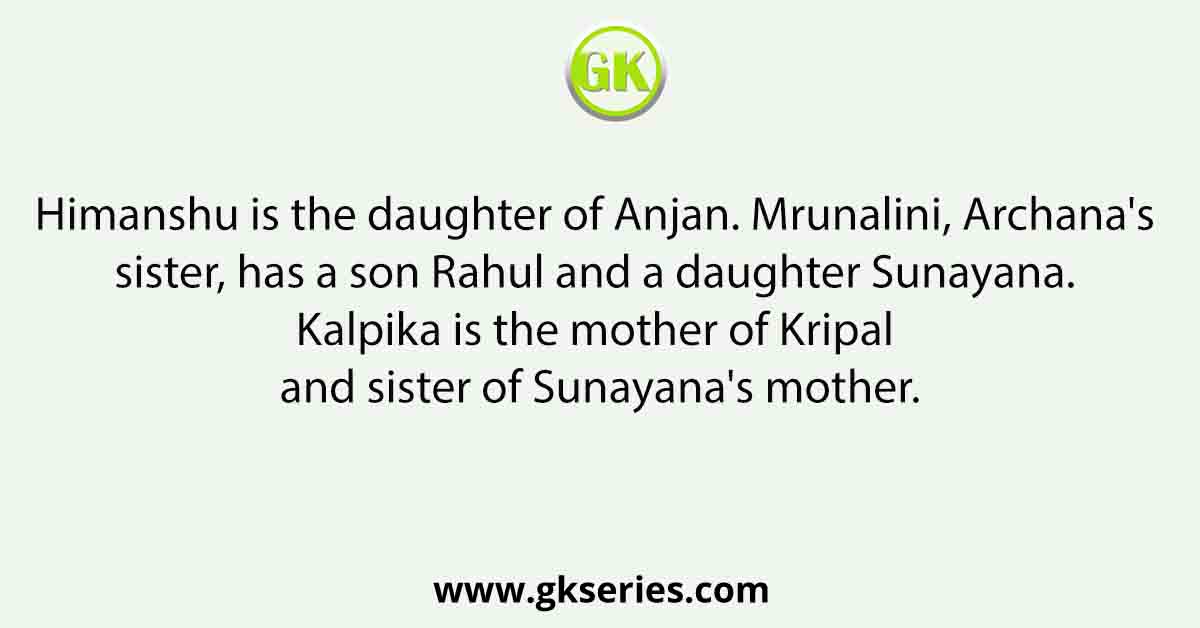 Himanshu is the daughter of Anjan. Mrunalini, Archana's sister, has a son Rahul and a daughter Sunayana. Kalpika is the mother of Kripal and sister of Sunayana's mother.