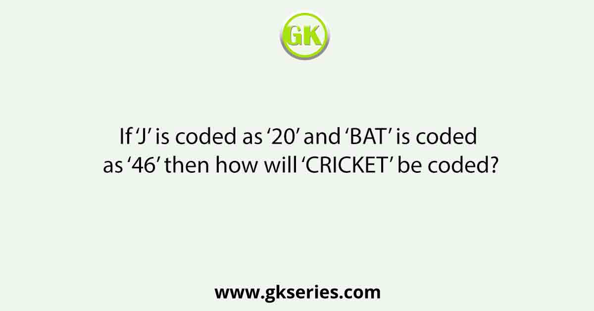 If ‘J’ is coded as ‘20’ and ‘BAT’ is coded as ‘46’ then how will ‘CRICKET’ be coded?
