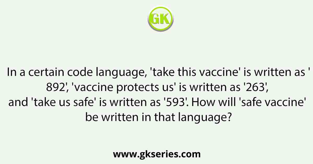In a certain code language, 'take this vaccine' is written as '892', 'vaccine protects us' is written as '263', and 'take us safe' is written as '593'. How will 'safe vaccine' be written in that language?