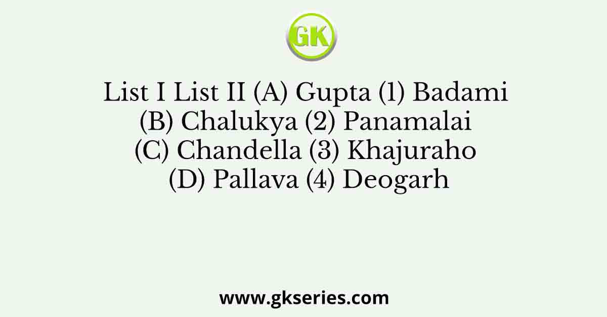 List I List II (A) Gupta (1) Badami (B) Chalukya (2) Panamalai (C) Chandella (3) Khajuraho (D) Pallava (4) Deogarh