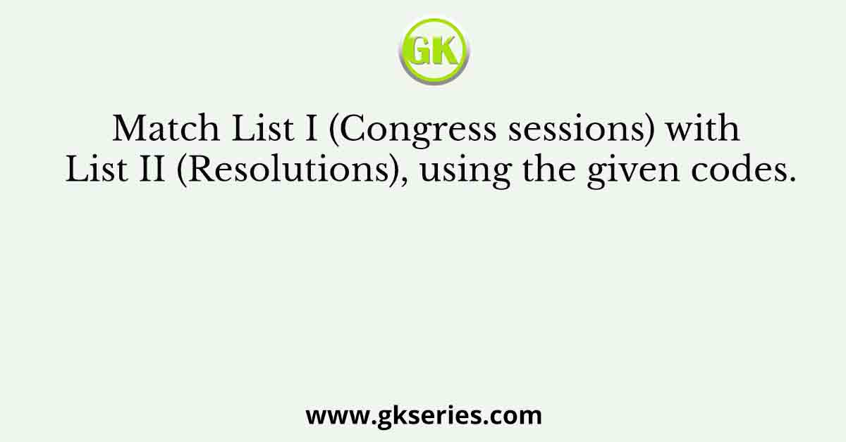 Match List I (Congress sessions) with List II (Resolutions), using the given codes.