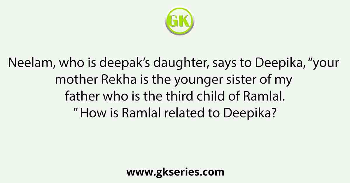 Neelam, who is deepak’s daughter, says to Deepika, “your mother Rekha is the younger sister of my father who is the third child of Ramlal.” How is Ramlal related to Deepika?