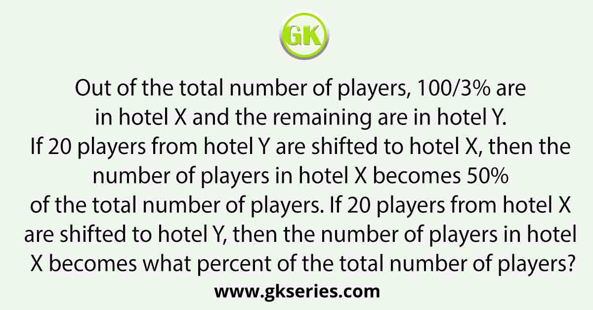 Out of the total number of players, 100/3% are in hotel X and the remaining are in hotel Y. If 20 players from hotel Y are shifted to hotel X, then the number of players in hotel X becomes 50% of the total number of players. If 20 players from hotel X are shifted to hotel Y, then the number of players in hotel X becomes what percent of the total number of players?