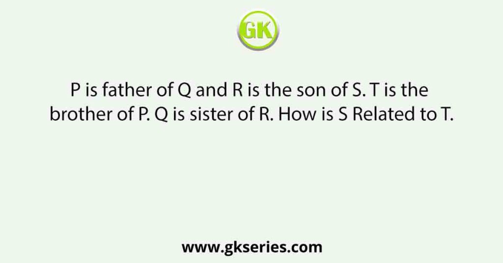 P is father of Q and R is the son of S. T is the brother of P. Q is sister of R. How is S Related to T.