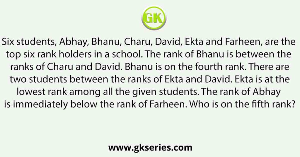 Six students, Abhay, Bhanu, Charu, David, Ekta and Farheen, are the top six rank holders in a school. The rank of Bhanu is between the ranks of Charu and David. Bhanu is on the fourth rank. There are two students between the ranks of Ekta and David. Ekta is at the lowest rank among all the given students. The rank of Abhay is immediately below the rank of Farheen. Who is on the fifth rank?