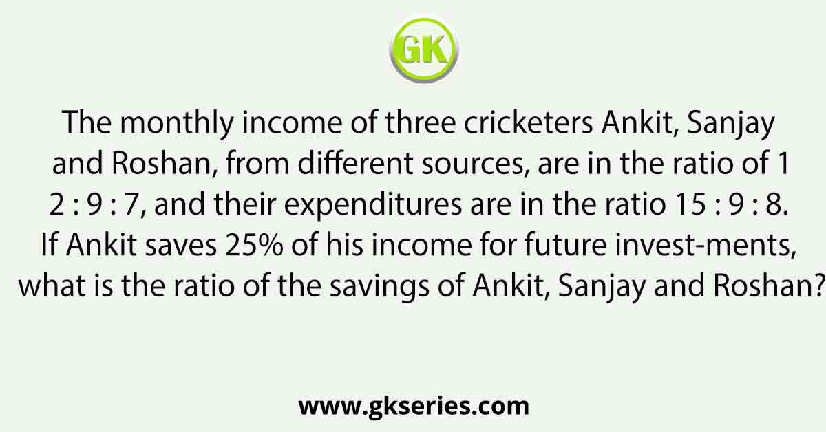 The monthly income of three cricketers Ankit, Sanjay and Roshan, from different sources, are in the ratio of 12 : 9 : 7, and their expenditures are in the ratio 15 : 9 : 8. If Ankit saves 25% of his income for future invest-ments, what is the ratio of the savings of Ankit, Sanjay and Roshan?