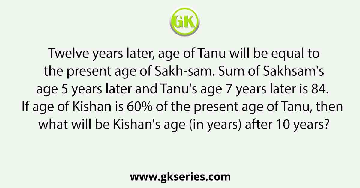 Twelve years later, age of Tanu will be equal to the present age of Sakh-sam. Sum of Sakhsam's age 5 years later and Tanu's age 7 years later is 84. If age of Kishan is 60% of the present age of Tanu, then what will be Kishan's age (in years) after 10 years?