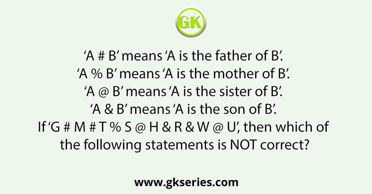 ‘A # B’ means ‘A is the father of B’. ‘A % B’ means ‘A is the mother of B’. ‘A @ B’ means ‘A is the sister of B’. ‘A & B’ means ‘A is the son of B’. If ‘G # M # T % S @ H & R & W @ U’, then which of the following statements is NOT correct?