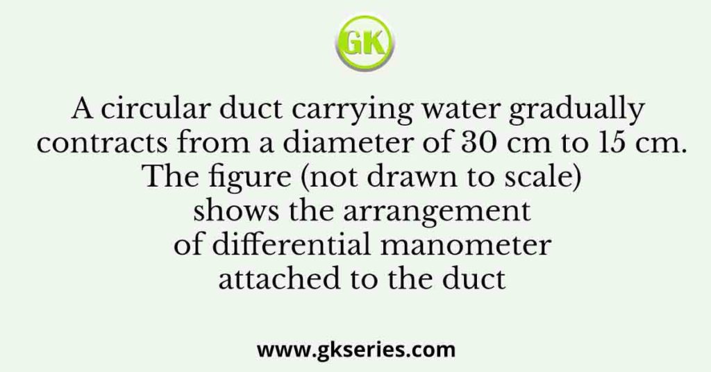 A circular duct carrying water gradually contracts from a diameter of 30 cm to 15 cm. The figure (not drawn to scale) shows the arrangement of differential manometer attached to the duct