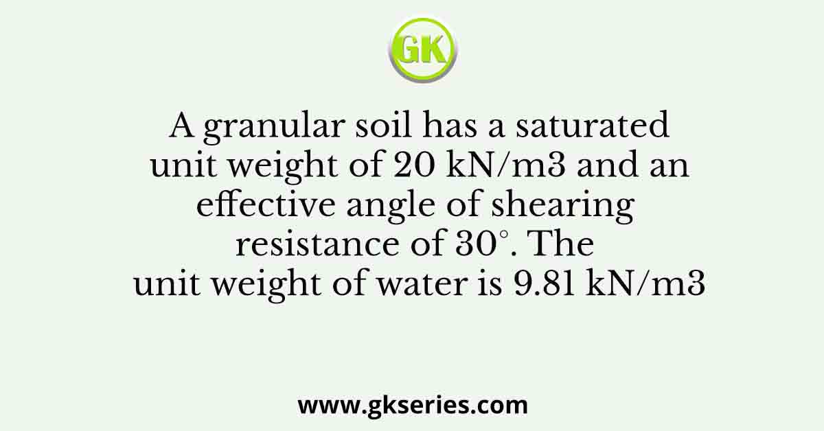 A granular soil has a saturated unit weight of 20 kN/m3 and an effective angle of shearing resistance of 30°. The unit weight of water is 9.81 kN/m3