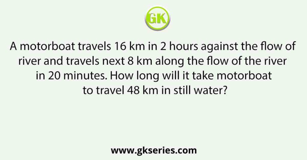 A motorboat travels 16 km in 2 hours against the flow of river and travels next 8 km along the flow of the river in 20 minutes. How long will it take motorboat to travel 48 km in still water?