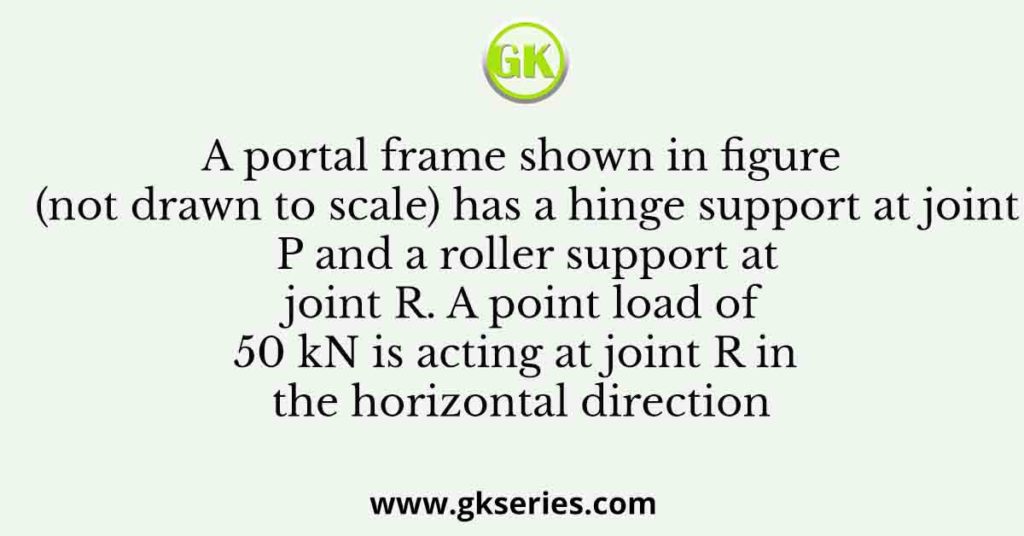 A portal frame shown in figure (not drawn to scale) has a hinge support at joint P and a roller support at joint R. A point load of 50 kN is acting at joint R in the horizontal direction