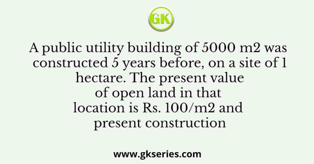 A public utility building of 5000 m2 was constructed 5 years before, on a site of 1 hectare. The present value of open land in that location is Rs. 100/m2 and present construction