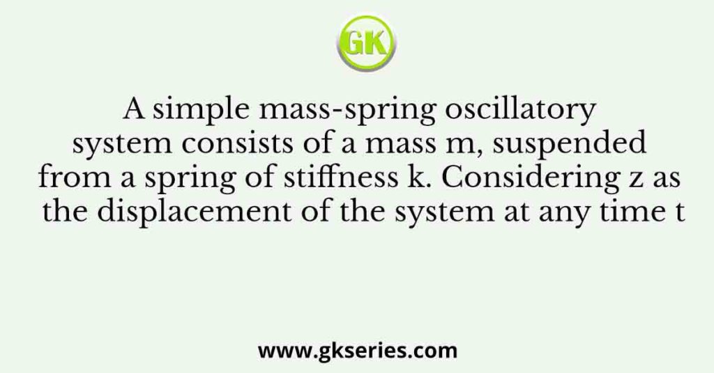 A simple mass-spring oscillatory system consists of a mass m, suspended from a spring of stiffness k. Considering z as the displacement of the system at any time t