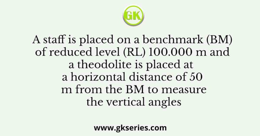 A staff is placed on a benchmark (BM) of reduced level (RL) 100.000 m and a theodolite is placed at a horizontal distance of 50 m from the BM to measure the vertical angles