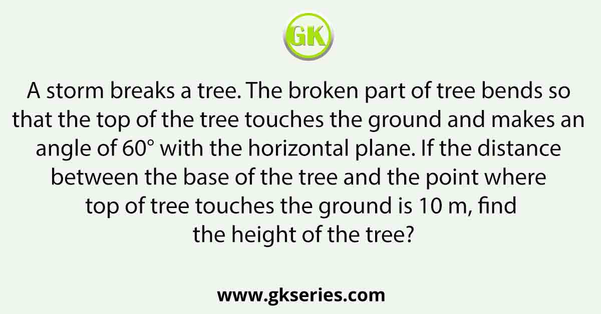A storm breaks a tree. The broken part of tree bends so that the top of the tree touches the ground and makes an angle of 60° with the horizontal plane. If the distance between the base of the tree and the point where top of tree touches the ground is 10 m, find the height of the tree?