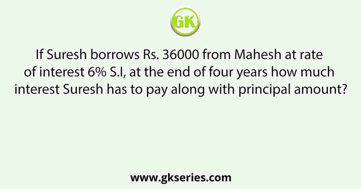 If Suresh borrows Rs. 36000 from Mahesh at rate of interest 6% S.I, at the end of four years how much interest Suresh has to pay along with principal amount?