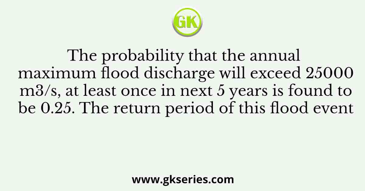 The probability that the annual maximum flood discharge will exceed 25000 m3/s, at least once in next 5 years is found to be 0.25. The return period of this flood event