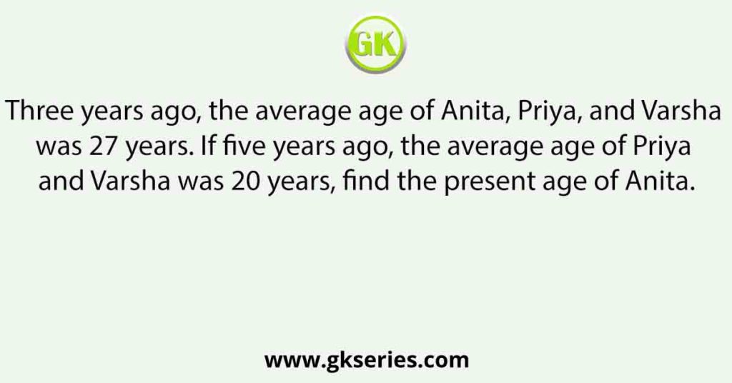 Three years ago, the average age of Anita, Priya, and Varsha was 27 years. If five years ago, the average age of Priya and Varsha was 20 years, find the present age of Anita.