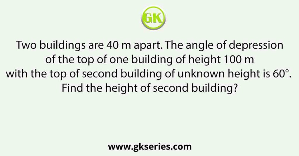 Two buildings are 40 m apart. The angle of depression of the top of one building of height 100 m with the top of second building of unknown height is 60°. Find the height of second building?