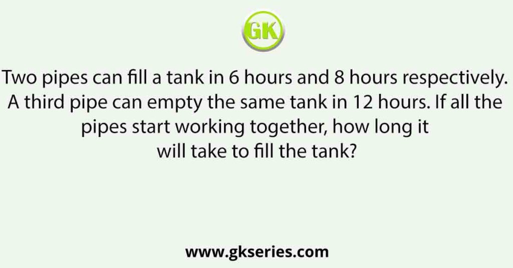 Two pipes can fill a tank in 6 hours and 8 hours respectively. A third pipe can empty the same tank in 12 hours. If all the pipes start working together, how long it will take to fill the tank?