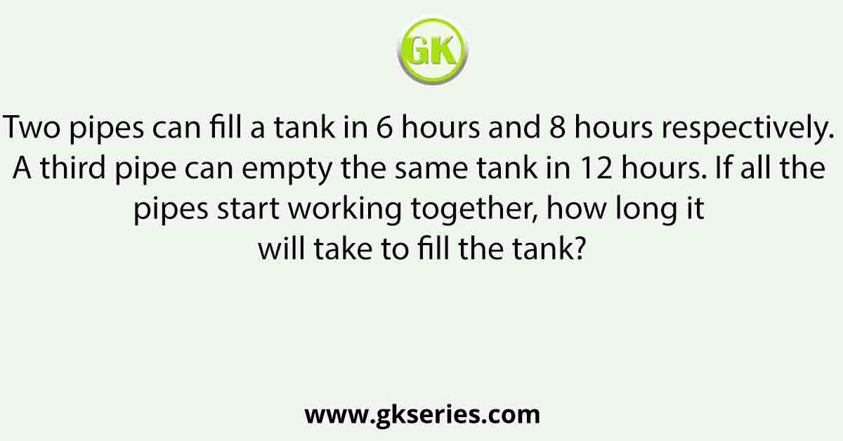 Two pipes can fill a tank in 6 hours and 8 hours respectively. A third pipe can empty the same tank in 12 hours. If all the pipes start working together, how long it will take to fill the tank?