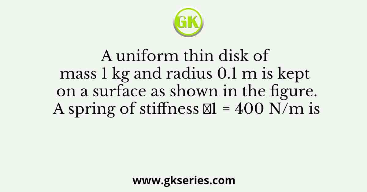 A uniform thin disk of mass 1 kg and radius 0.1 m is kept on a surface as shown in the figure. A spring of stiffness 𝑘1 = 400 N/m is