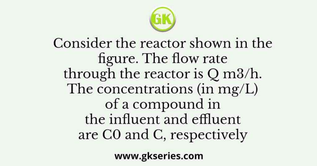 Consider the reactor shown in the figure. The flow rate through the reactor is Q m3/h. The concentrations (in mg/L) of a compound in the influent and effluent are C0 and C, respectively