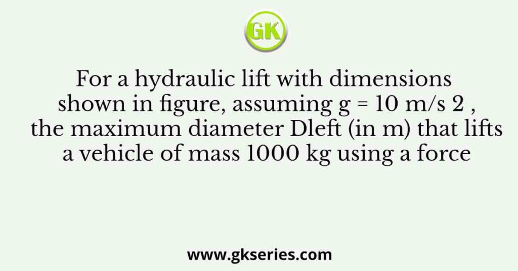 For a hydraulic lift with dimensions shown in figure, assuming g = 10 m/s 2 , the maximum diameter Dleft (in m) that lifts a vehicle of mass 1000 kg using a force