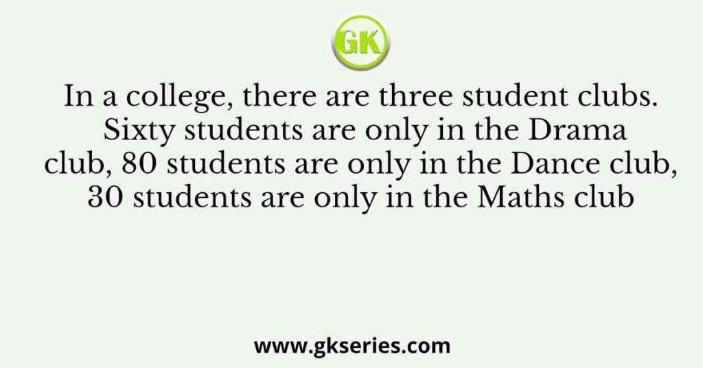 In a college, there are three student clubs. Sixty students are only in the Drama club, 80 students are only in the Dance club, 30 students are only in the Maths club