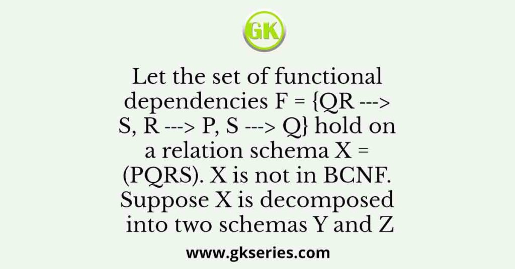 Let the set of functional dependencies F = {QR → S, R → P, S → Q} hold on a relation schema X = (PQRS).