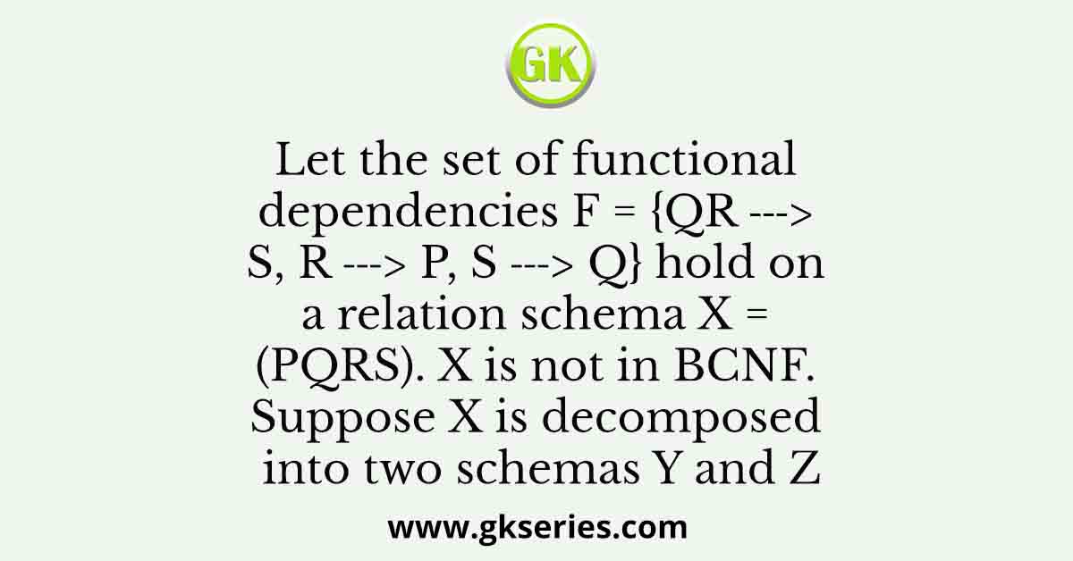 Let the set of functional dependencies F = {QR → S, R → P, S → Q} hold on a relation schema X = (PQRS).