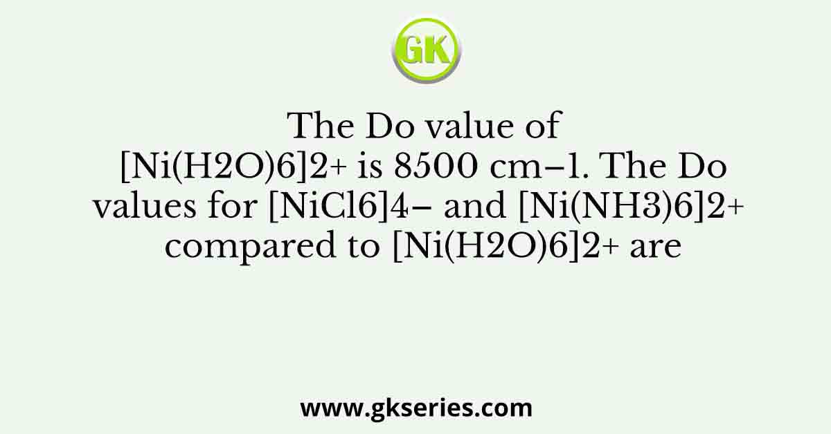 The Do value of [Ni(H2O)6]2+ is 8500 cm–1. The Do values for [NiCl6]4– and [Ni(NH3)6]2+ compared to [Ni(H2O)6]2+ are