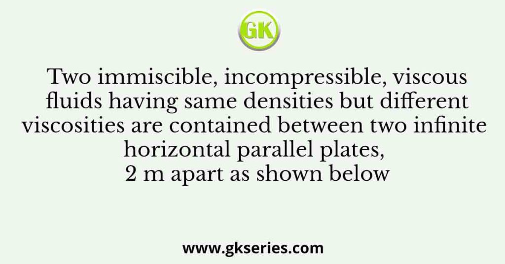 Two immiscible, incompressible, viscous fluids having same densities but different viscosities are contained between two infinite horizontal parallel plates, 2 m apart as shown below