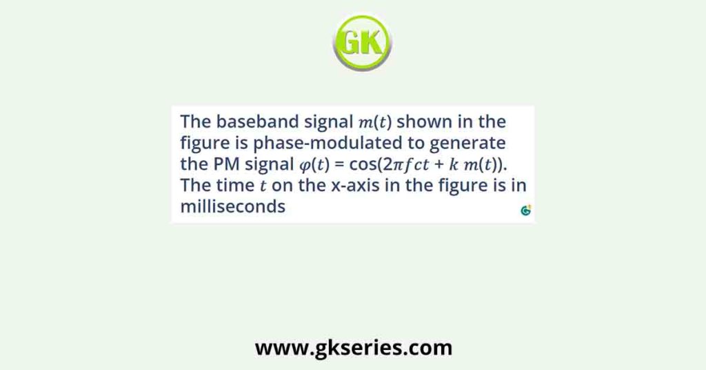 baseband signal 𝑚(𝑡) shown in the figure is phase-modulated to generate the PM signal 𝜑(𝑡) = cos(2𝜋𝑓𝑐𝑡 + 𝑘 𝑚(𝑡)). The time 𝑡 on the x-axis in the figure is in milliseconds