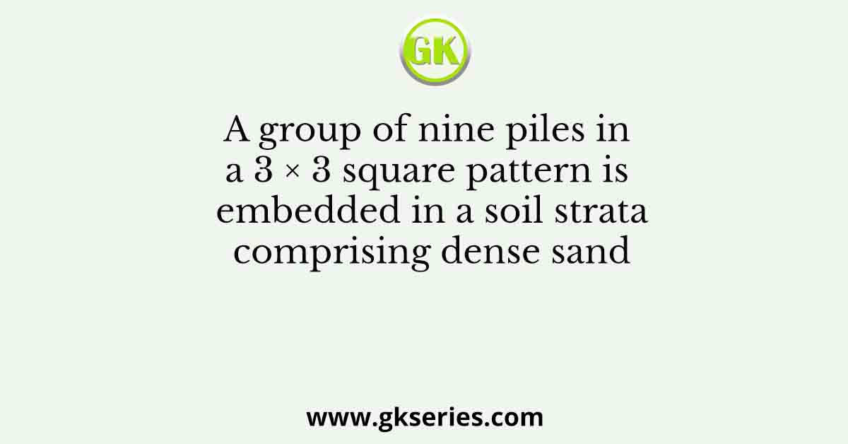 A group of nine piles in a 3 × 3 square pattern is embedded in a soil strata comprising dense sand