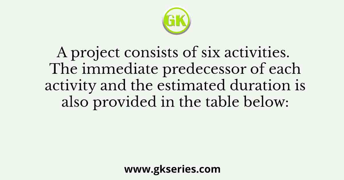 A project consists of six activities. The immediate predecessor of each activity and the estimated duration is also provided in the table below:
