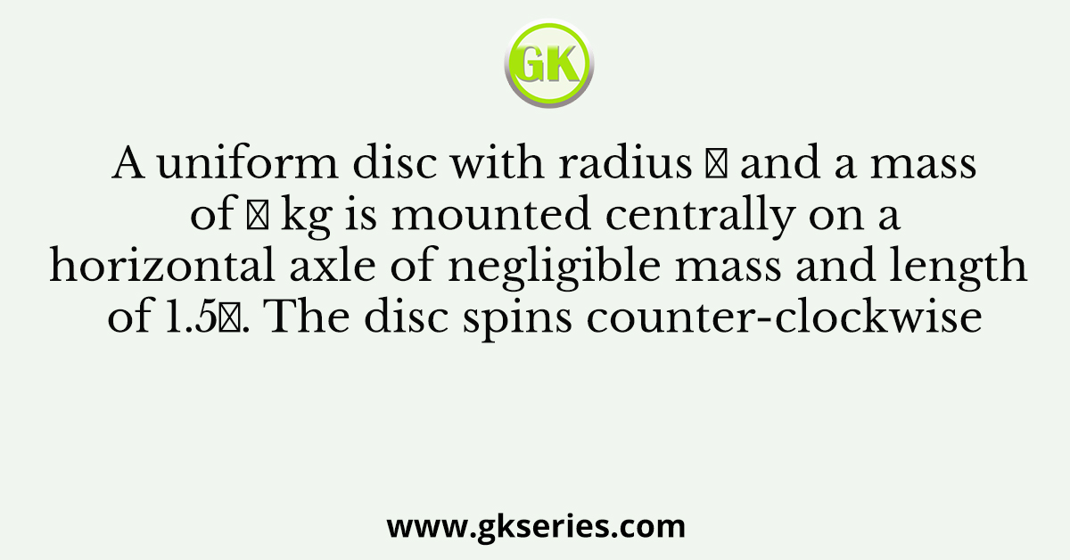 A uniform disc with radius 𝑟 and a mass of 𝑚 kg is mounted centrally on a horizontal axle of negligible mass and length of 1.5𝑟. The disc spins counter-clockwise