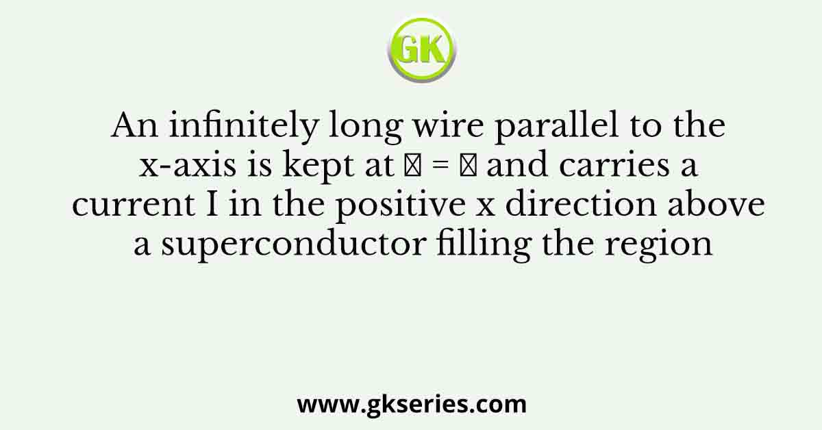 An infinitely long wire parallel to the x-axis is kept at 𝑧 = 𝑑 and carries a current I in the positive x direction above a superconductor filling the region