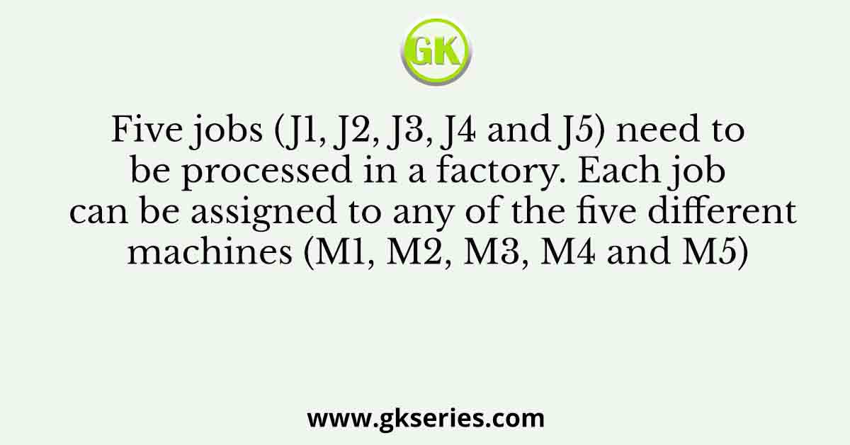 Five jobs (J1, J2, J3, J4 and J5) need to be processed in a factory. Each job can be assigned to any of the five different machines (M1, M2, M3, M4 and M5)