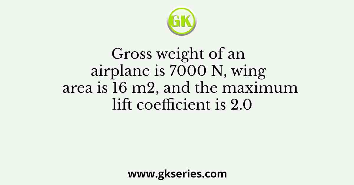 Gross weight of an airplane is 7000 N, wing area is 16 m2, and the maximum lift coefficient is 2.0