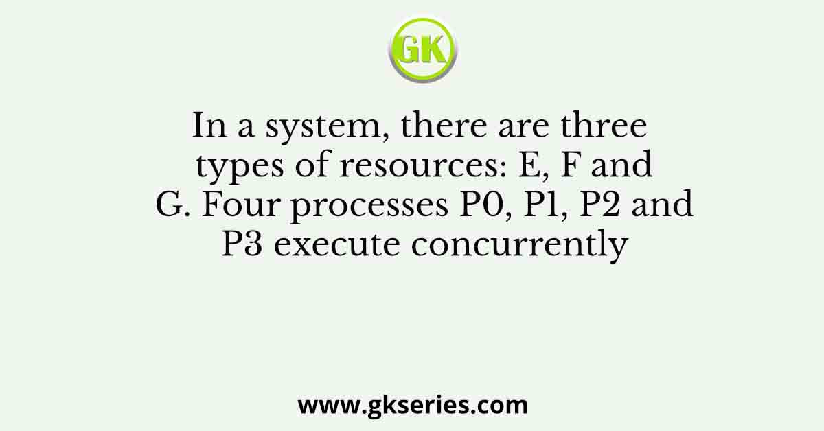In a system, there are three types of resources: E, F and G. Four processes P0, P1, P2 and P3 execute concurrently