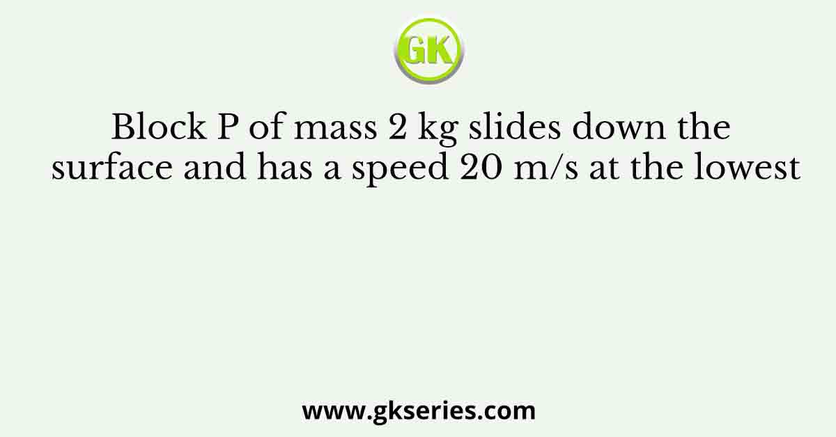 Block P of mass 2 kg slides down the surface and has a speed 20 m/s at the lowest