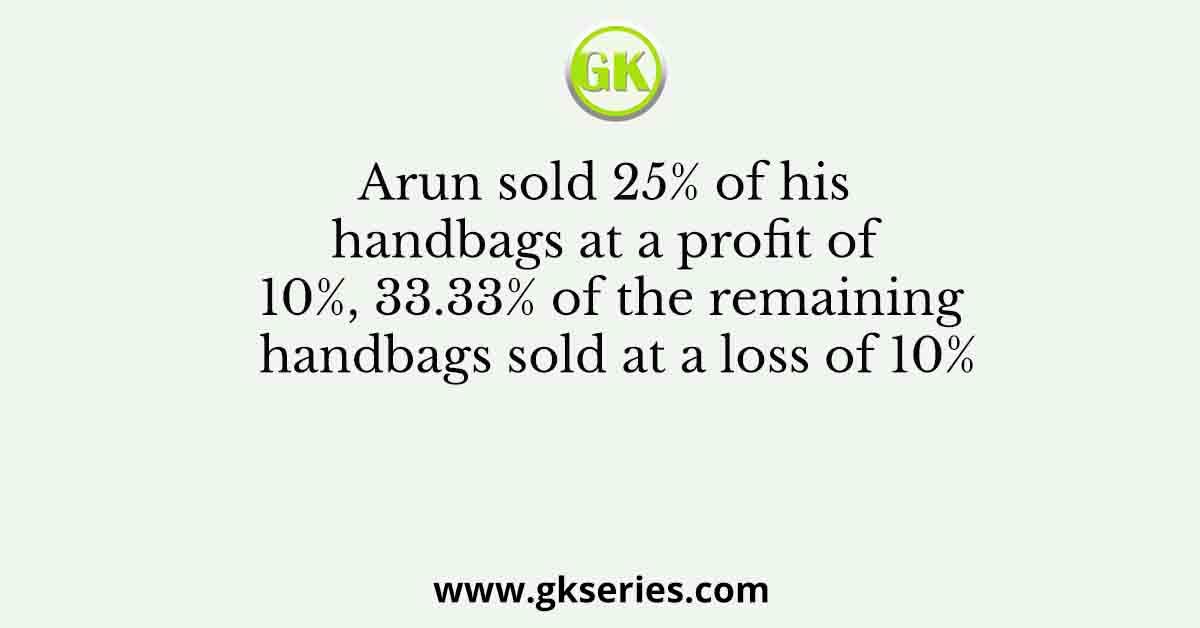 Arun sold 25% of his handbags at a profit of 10%, 33.33% of the remaining handbags sold at a loss of 10%