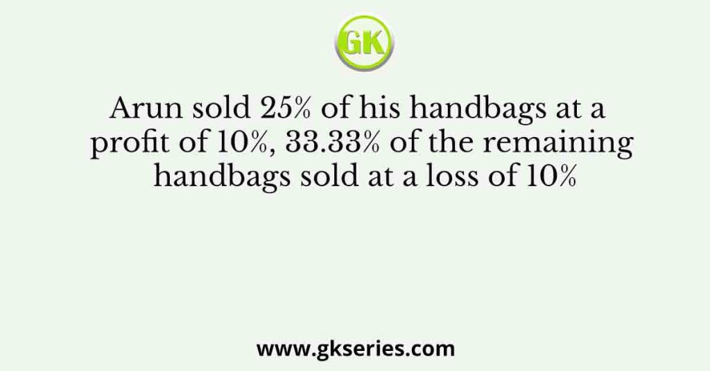 Arun sold 25% of his handbags at a profit of 10%, 33.33% of the remaining handbags sold at a loss of 10%